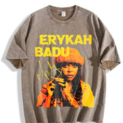 Erykah Badu Retro Portrait Vintage Washed T-Shirt in Brown