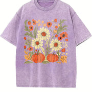 Boho Fall Floral Retro Fall Vintage Washed T-Shirt in Purple
