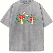 Mushroom Floral Garden Fairy Embroidered Vintage Washed T-Shirt in Gray