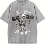 New Year New Me Skeleton Weights Vintage Washed T-Shirt in Gray
