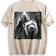 Retro Ferret Selfie with Bigfoot 90s Vintage Washed T-Shirt in Beige