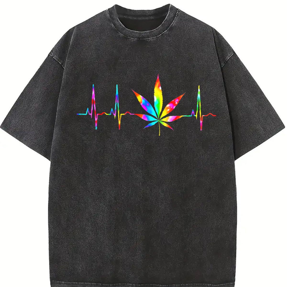 Weed Cannabis Marijuana Leaf Heartbeat Stoner Tie Dye vintage washed oversized T-shirt in Black