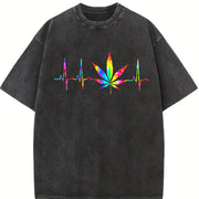 Weed Cannabis Marijuana Leaf Heartbeat Stoner Tie Dye vintage washed oversized T-shirt in Black