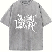 Grunge - style Support Your Local Library Text vintage washed oversized T-shirt in Gray