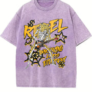 Faded Pure Short-sleeve a Flame Skull 'Rebel' Rock Vintage Washed T-Shirt in Purple