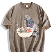 Pigeon Ramen Retro Pigeon Eating Noodles Vintage Washed T-Shirt in Brown