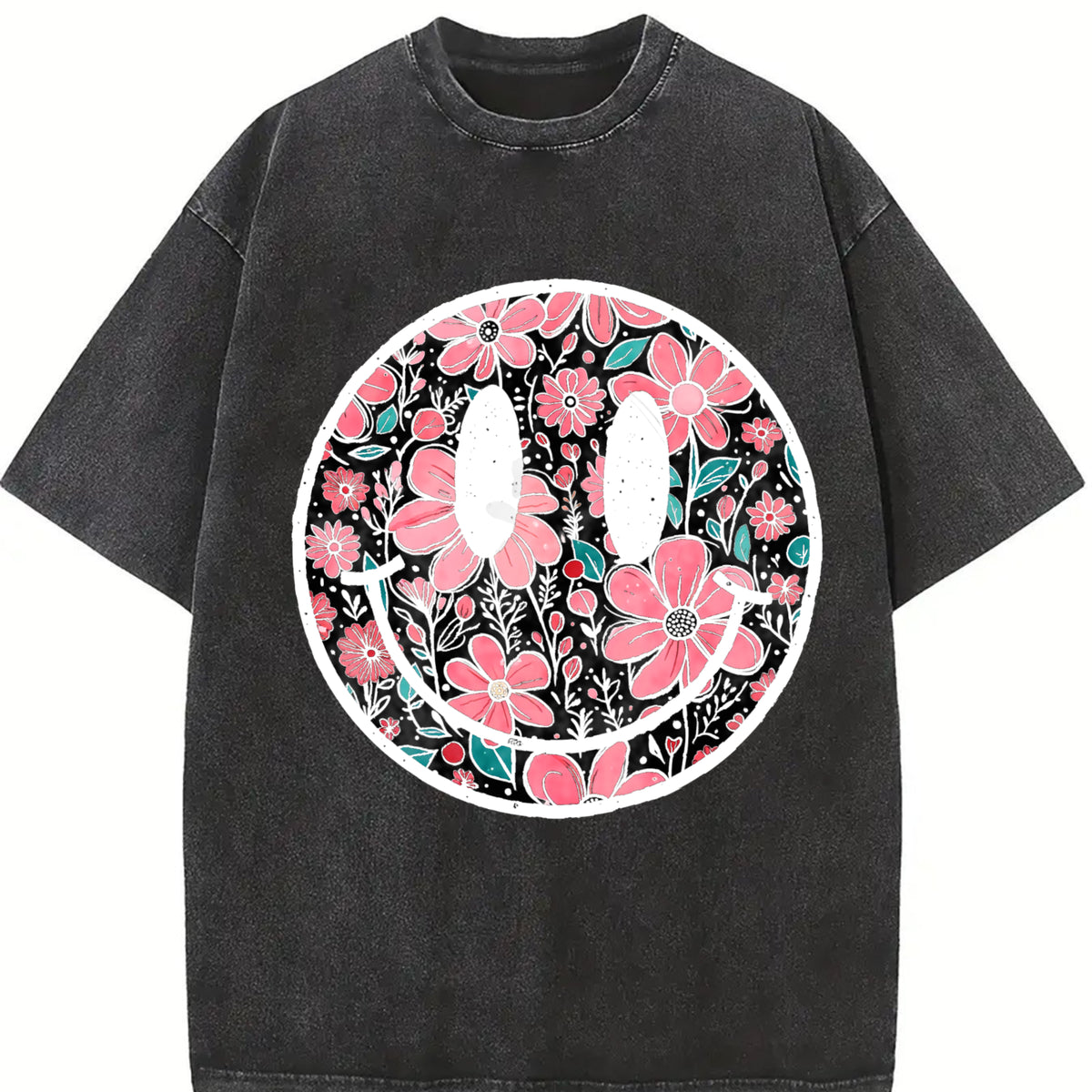 Floral Happy Face Mother's Day for Mom Cute vintage washed oversized T-shirt in Black