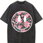 Floral Happy Face Mother's Day for Mom Cute vintage washed oversized T-shirt in Black
