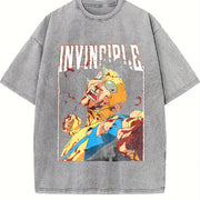 With Dark 'Invincible Comic Character And Text INVINCIBLE' vintage washed oversized T-shirt in Gray