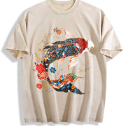 Koi Fish Theme Loose Versatile Trend Pure Vintage Washed T-Shirt in Beige