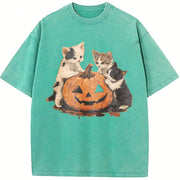 Halloween Kittens & Pumpkin vintage washed oversized T-shirt in Blue