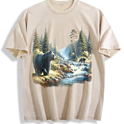 Retro Black Bears 90s Vintage Washed T-Shirt in Beige