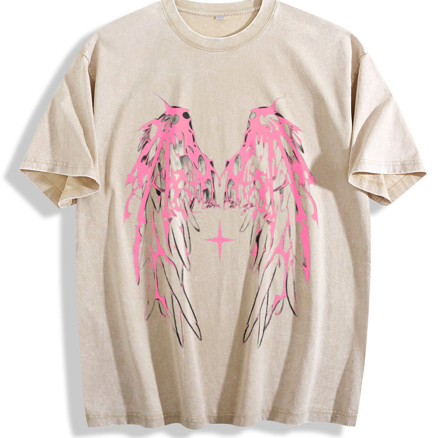 Angel Wings Y2K vintage washed oversized T-shirt in Beige