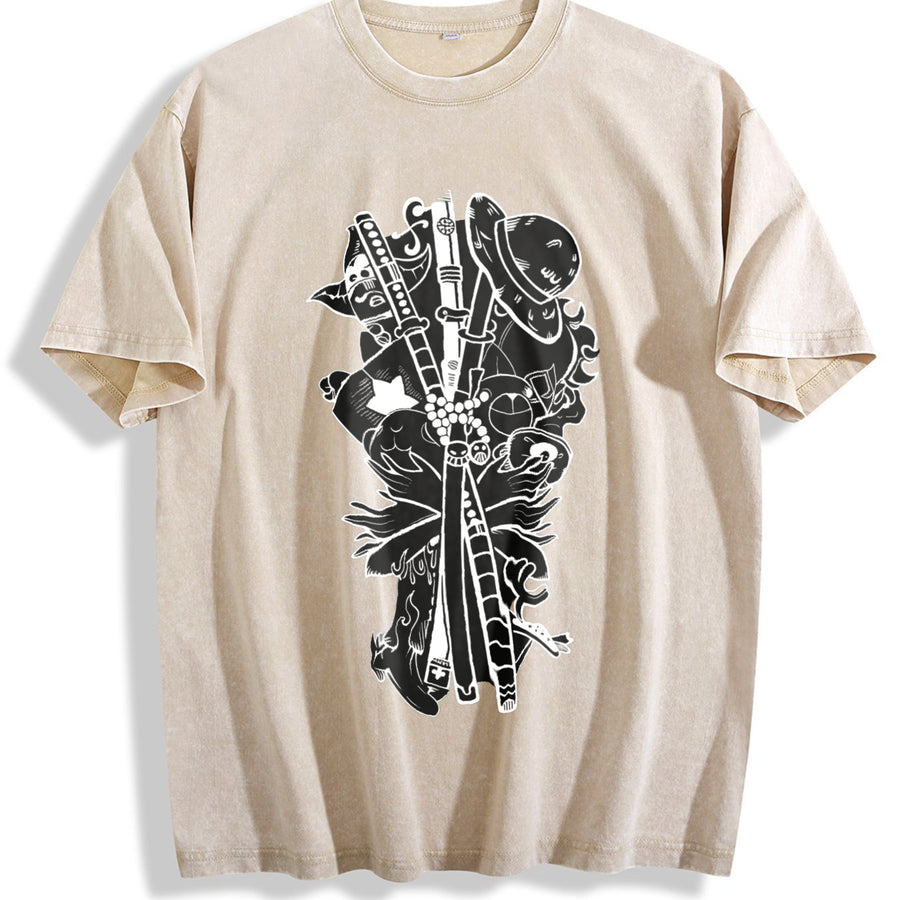 Gomu No Mi - One Pieceeee Anime Manga vintage washed oversized T-shirt in Beige