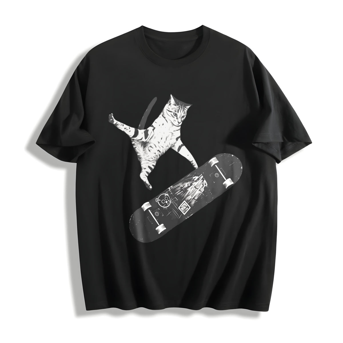 Emo Skater Cat Fantasy Kitten Cotton T-Shirt in Black