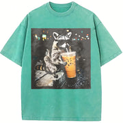 Raccoon Drinking Iced Coffee vintage washed oversized T-shirt in Blue