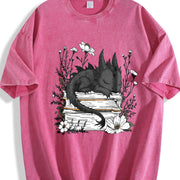 Inspired Whimsical Black Dragon & Floral Book Vintage Washed T-Shirt in Red