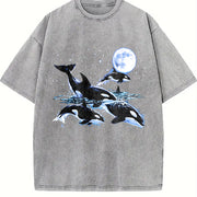 Orca Whale 90s Retro Moonlight Ocean Vintage Washed T-Shirt in Gray