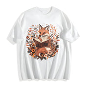 Ladies' Bohemian Short-sleeve Floral with a an Elegant Fox Cotton T-Shirt in White