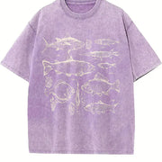 White Landscape Line Art Vintage Washed T-Shirt in Purple