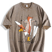Fox in the Rain Fashionable Vintage Washed T-Shirt in Brown