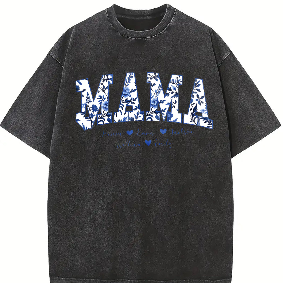 Personalized Gigi Blue Floral Grandma Mama Vintage Washed T-Shirt in Black