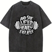 And She Lifted Heavily Ever After Barbell Motivation Vintage Washed T-Shirt in Black