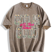 God Is Good All The Time Retro Distressed Camo Christian vintage washed oversized T-shirt in Brown