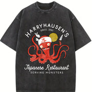 With Octopus Fashionable Vintage Washed T-Shirt in Black