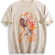 Yoriichi Tsugikuni Demon Slayer – Sun Breathing Flame vintage washed oversized T-shirt in Beige