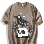 Witchy Crow Skull Moon and Stars Gothic Raven vintage washed oversized T-shirt in Brown