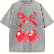 Retro Cherry Bow Halftone Vintage Washed T-Shirt in Gray
