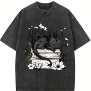 Inspired Whimsical Black Dragon & Floral Book Vintage Washed T-Shirt in Black
