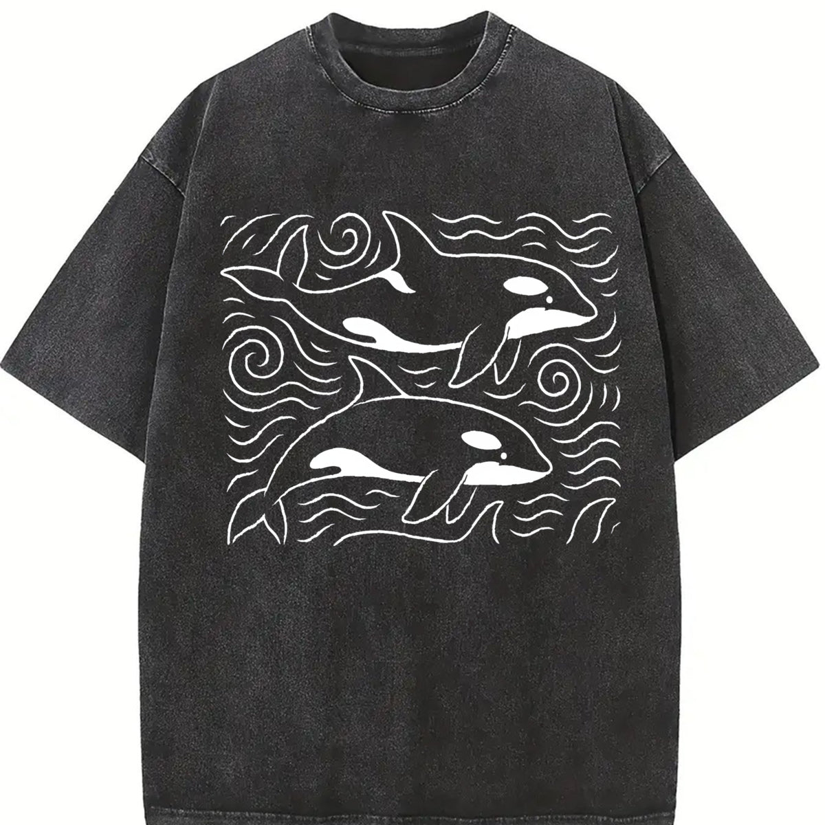 Orcas ® Ocean 90s Retro Sea Animals Vintage Washed T-Shirt in Black