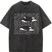 Orcas ® Ocean 90s Retro Sea Animals Vintage Washed T-Shirt in Black