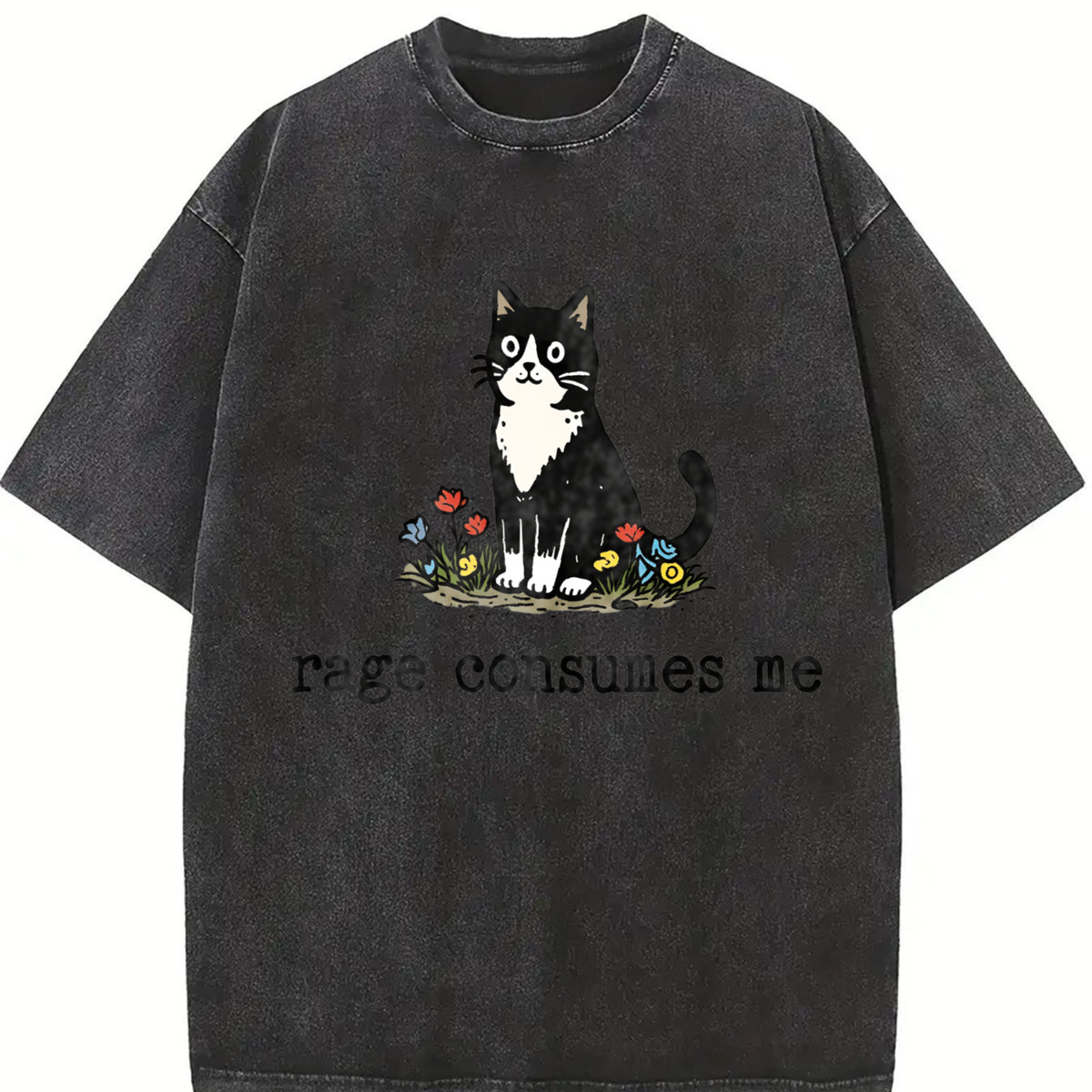 Cat Meme Rage Consumes Me and Batik vintage washed oversized T-shirt in Black