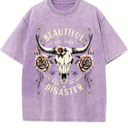 Western Cowboy - Black with Bull Skull & Floral vintage washed oversized T-shirt in Purple