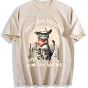 Cowboy Cat Retro Western Cat vintage washed oversized T-shirt in Beige