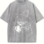 Witch Cat Retro Halftone Halloween Vintage Washed T-Shirt in Gray