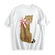 Pink Leopard with Bow Cotton T-Shirt in White