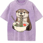 Otter Ramen Retro Otter Eating Noodles Vintage Washed T-Shirt in Purple