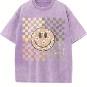 Smiling Flower Checkered Retro Vintage Washed T-Shirt in Purple
