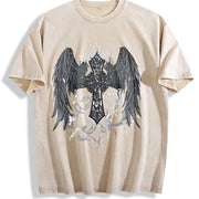 Gothic Angel & Cross Back Dark Grey/Black Retro for vintage washed oversized T-shirt in Beige