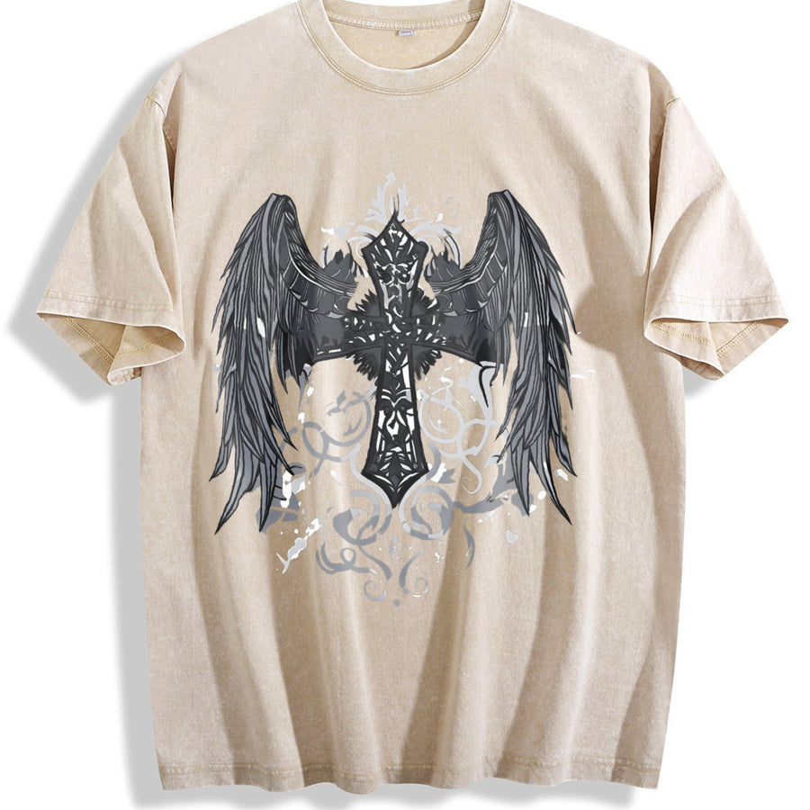 Gothic Angel & Cross Back Dark Grey/Black Retro for vintage washed oversized T-shirt in Beige