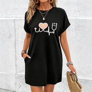 Off-shoulder Loose Long Dress with Pockets Cotton T-Shirt in Black