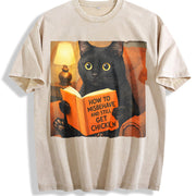 Cat Reading Book Vintage Washed T-Shirt in Beige