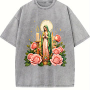 Mexican-inspired Our of Guadalupe & Pink Roses Vintage Washed T-Shirt in Gray