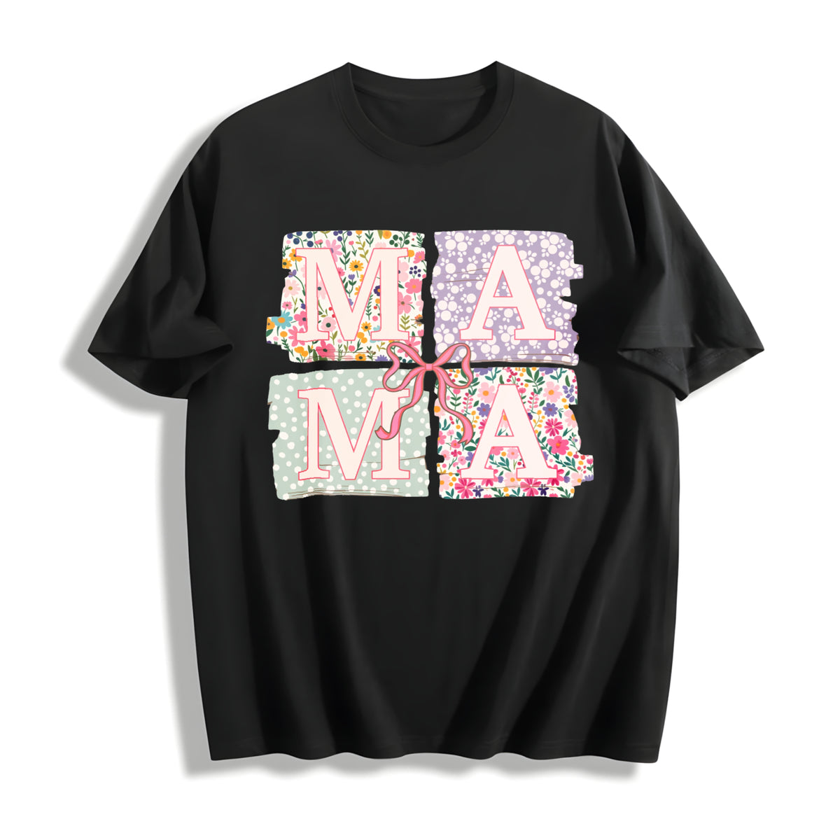 Coquette Bow Mama Floral Mom Cotton T-Shirt in Black