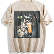 Raccoon Drinking Iced Coffee Vintage Washed T-Shirt in Beige