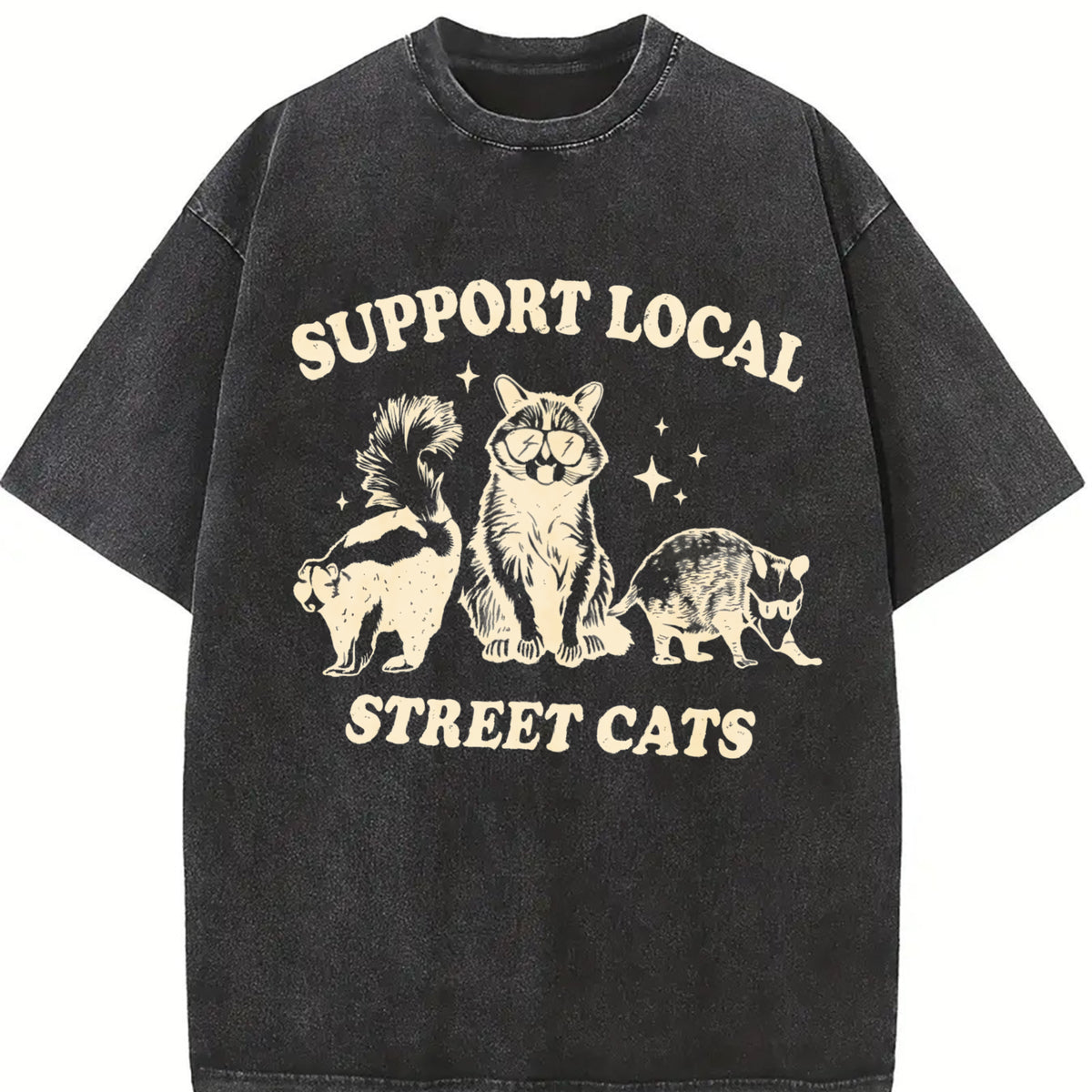Support Local Street Cats Raccoon Skunk vintage washed oversized T-shirt in Black